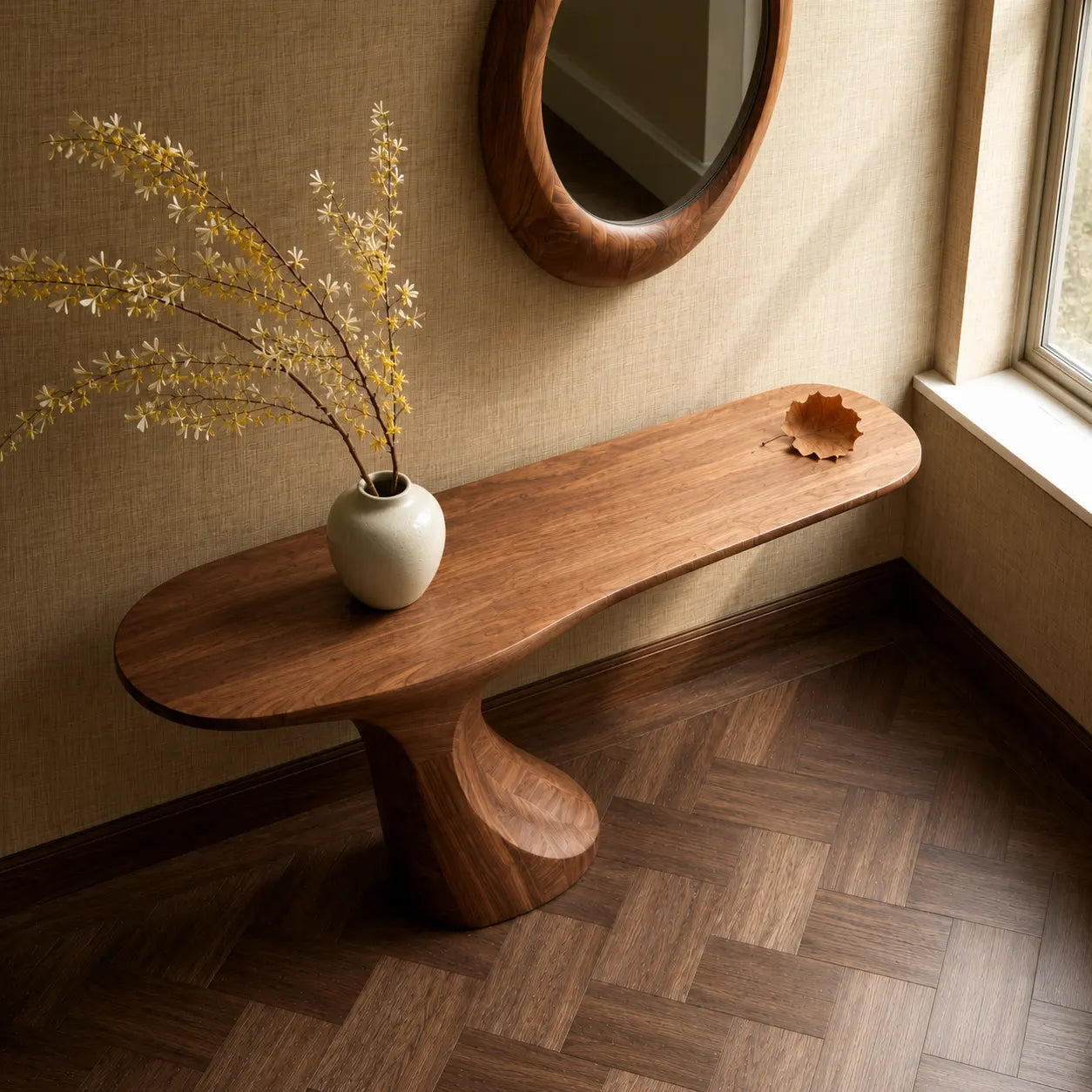 Natural Solid Wood Console Table with Sculptural Waterfall Pedestal Base