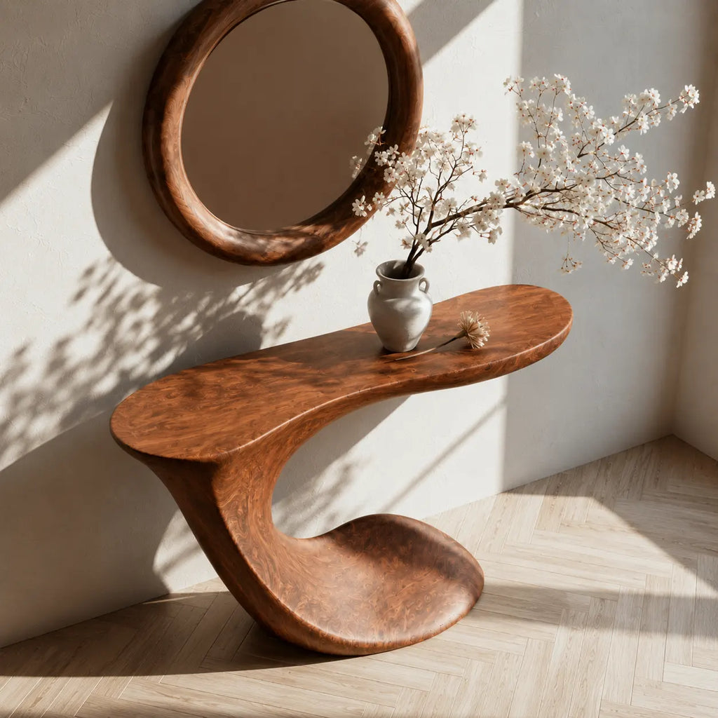 Handcrafted Solid Wood Console Table with Sculptural Curved Pedestal Base