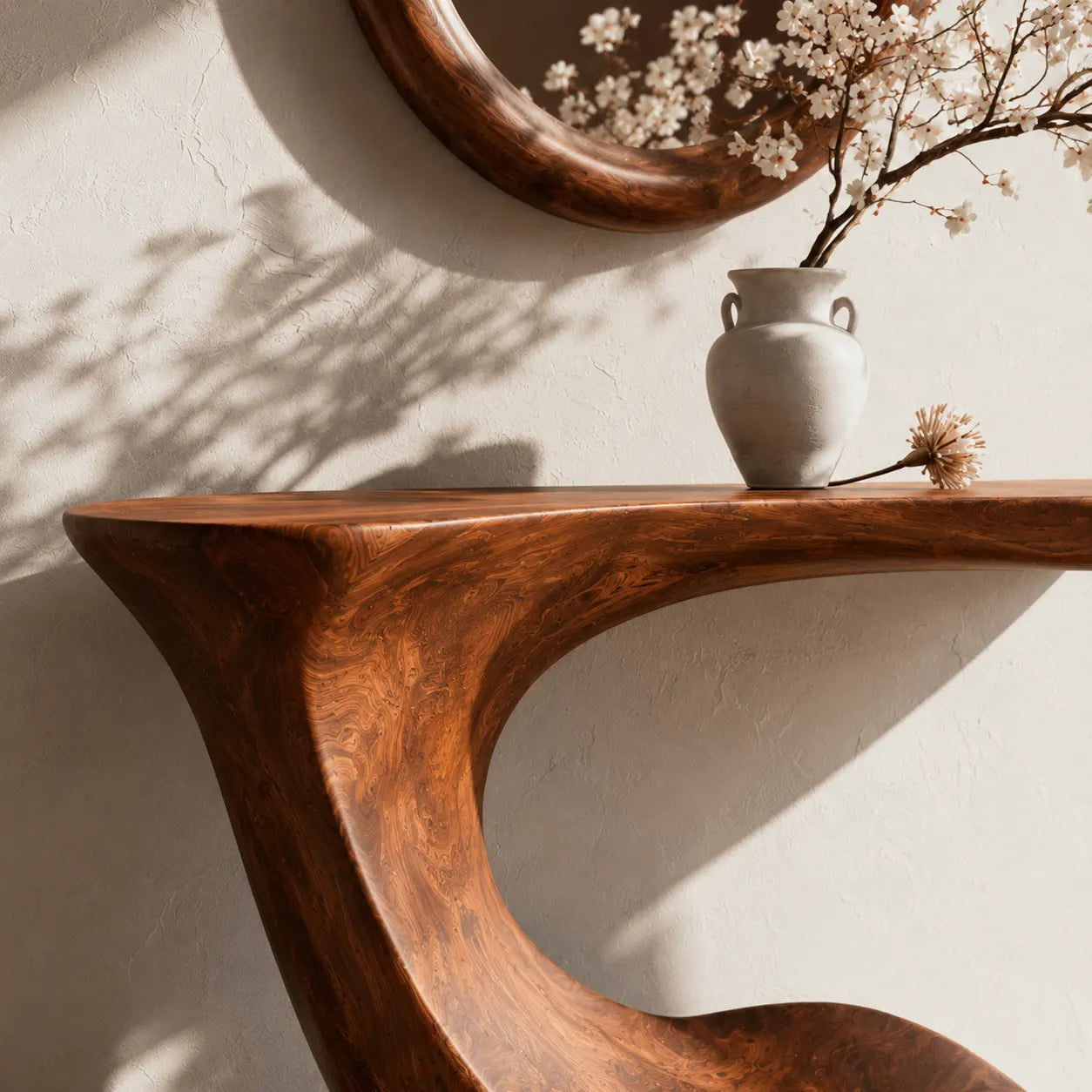 Handcrafted Solid Wood Console Table with Sculptural Curved Pedestal Base