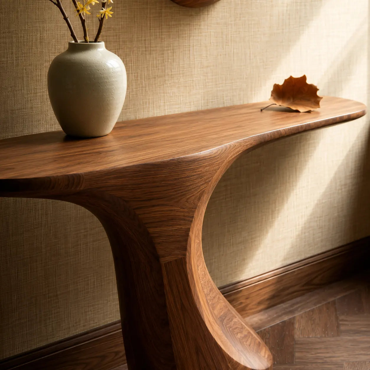 Natural Solid Wood Console Table with Sculptural Waterfall Pedestal Base