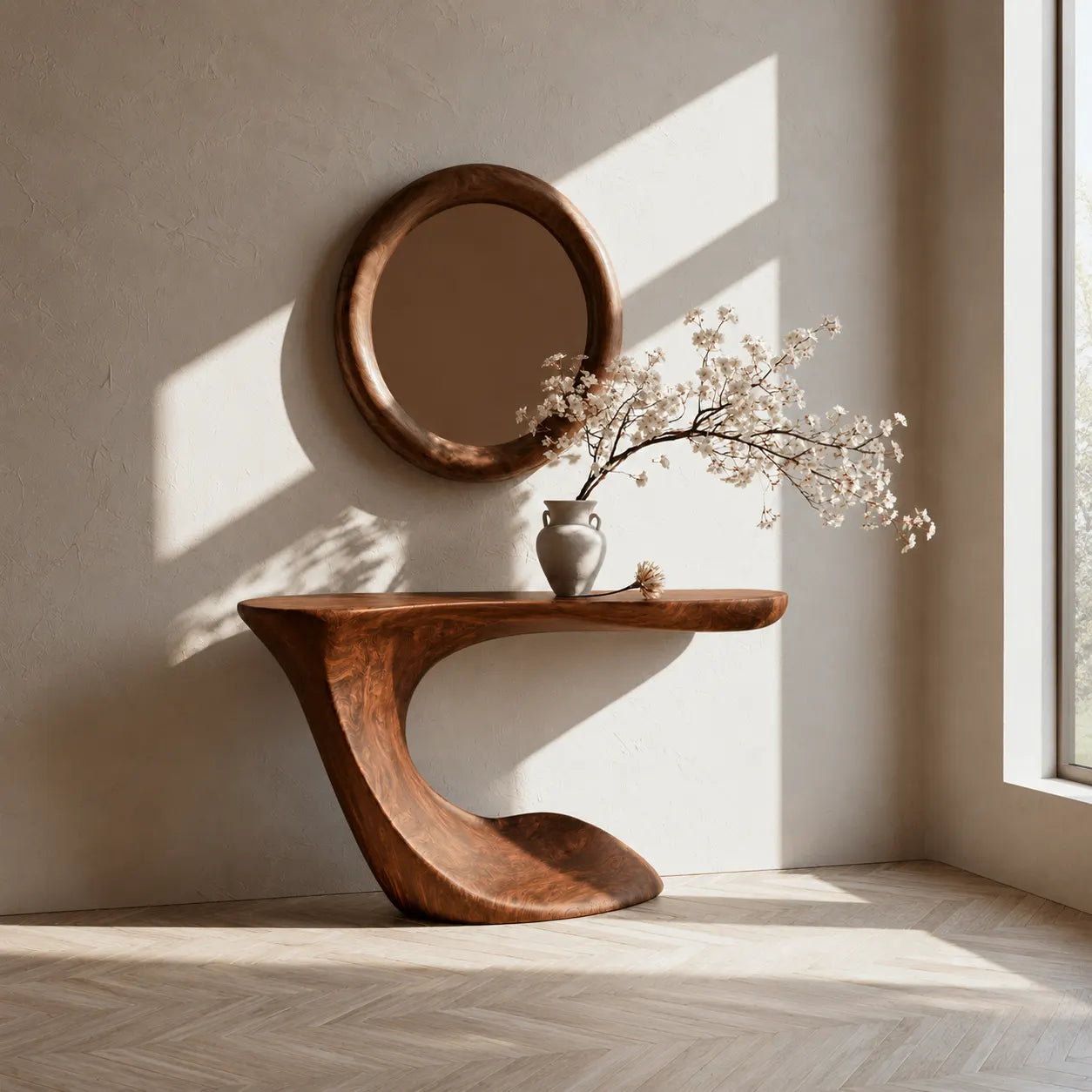 Handcrafted Solid Wood Console Table with Sculptural Curved Pedestal Base