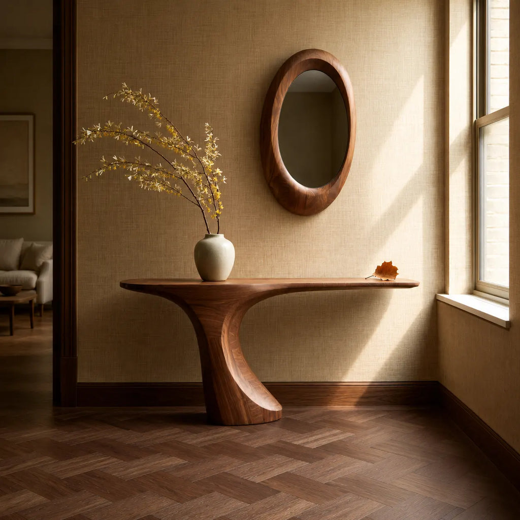 Natural Solid Wood Console Table with Sculptural Waterfall Pedestal Base