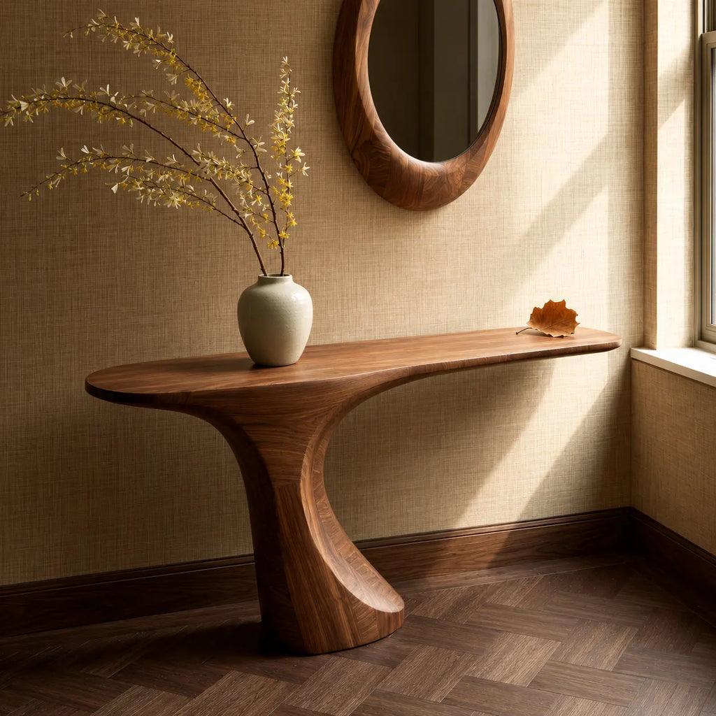 Natural Solid Wood Console Table with Sculptural Waterfall Pedestal Base