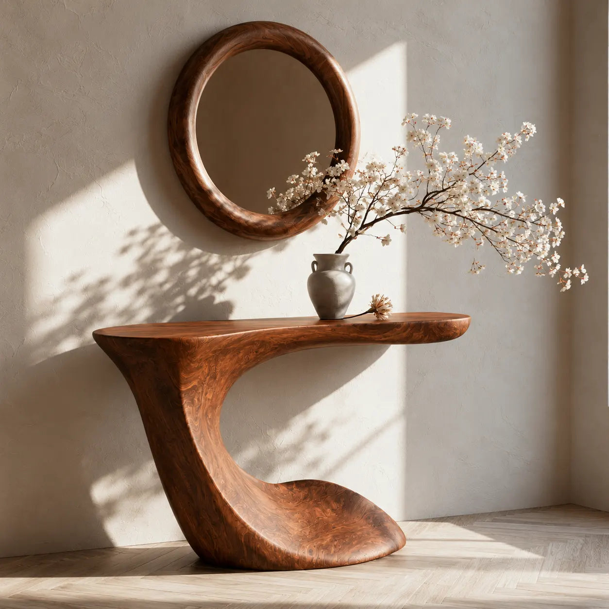 Handcrafted Solid Wood Console Table with Sculptural Curved Pedestal Base