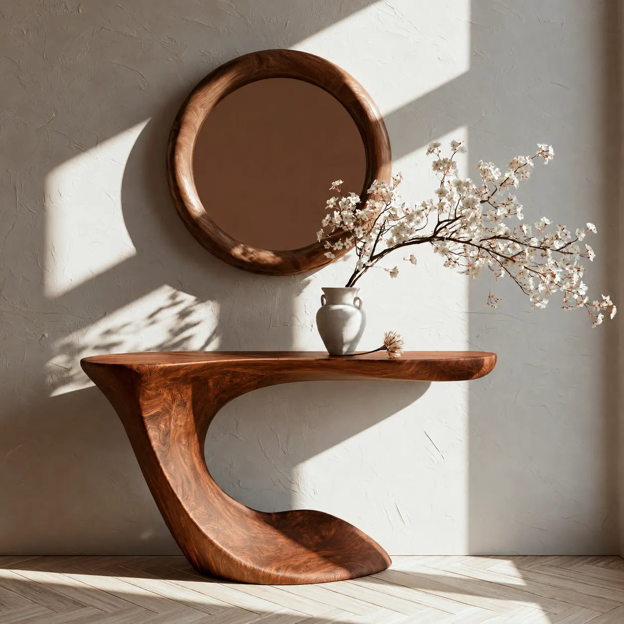 Handcrafted Solid Wood Console Table with Sculptural Curved Pedestal Base
