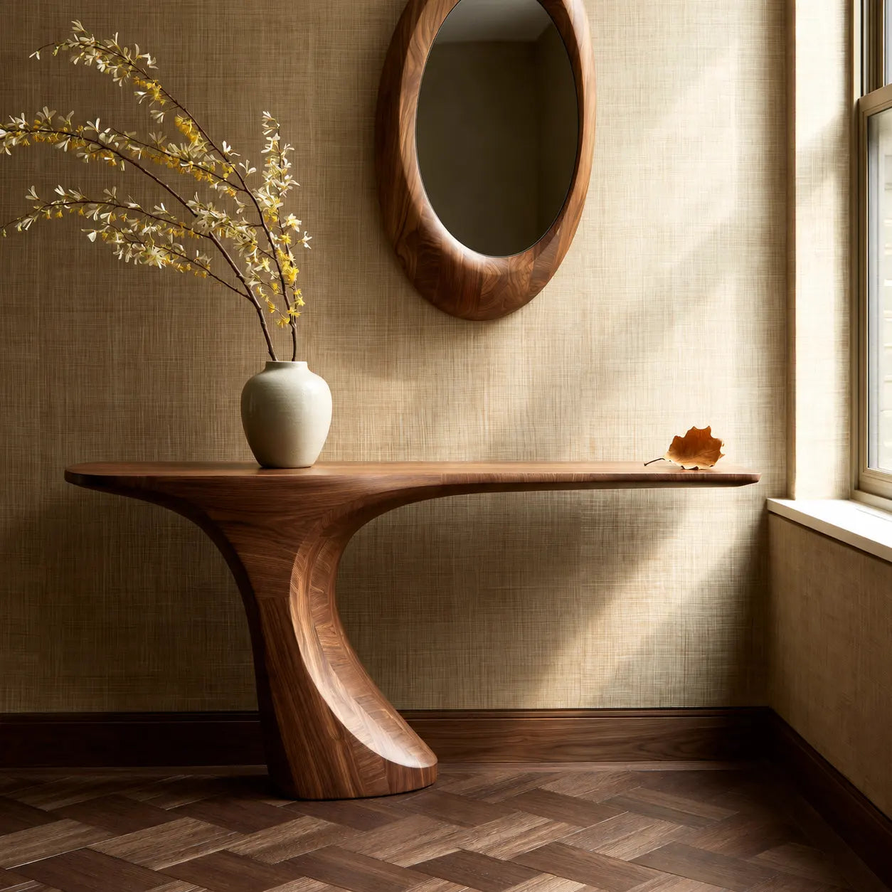 Natural Solid Wood Console Table with Sculptural Waterfall Pedestal Base