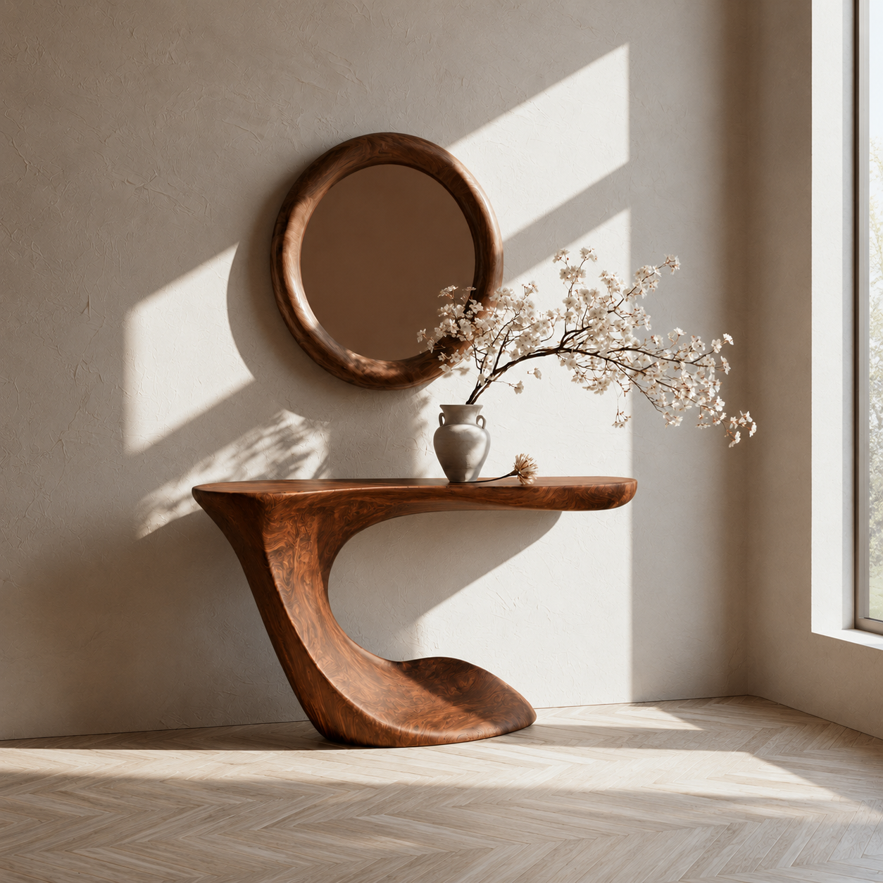Handcrafted Solid Wood Console Table with Sculptural Curved Pedestal Base