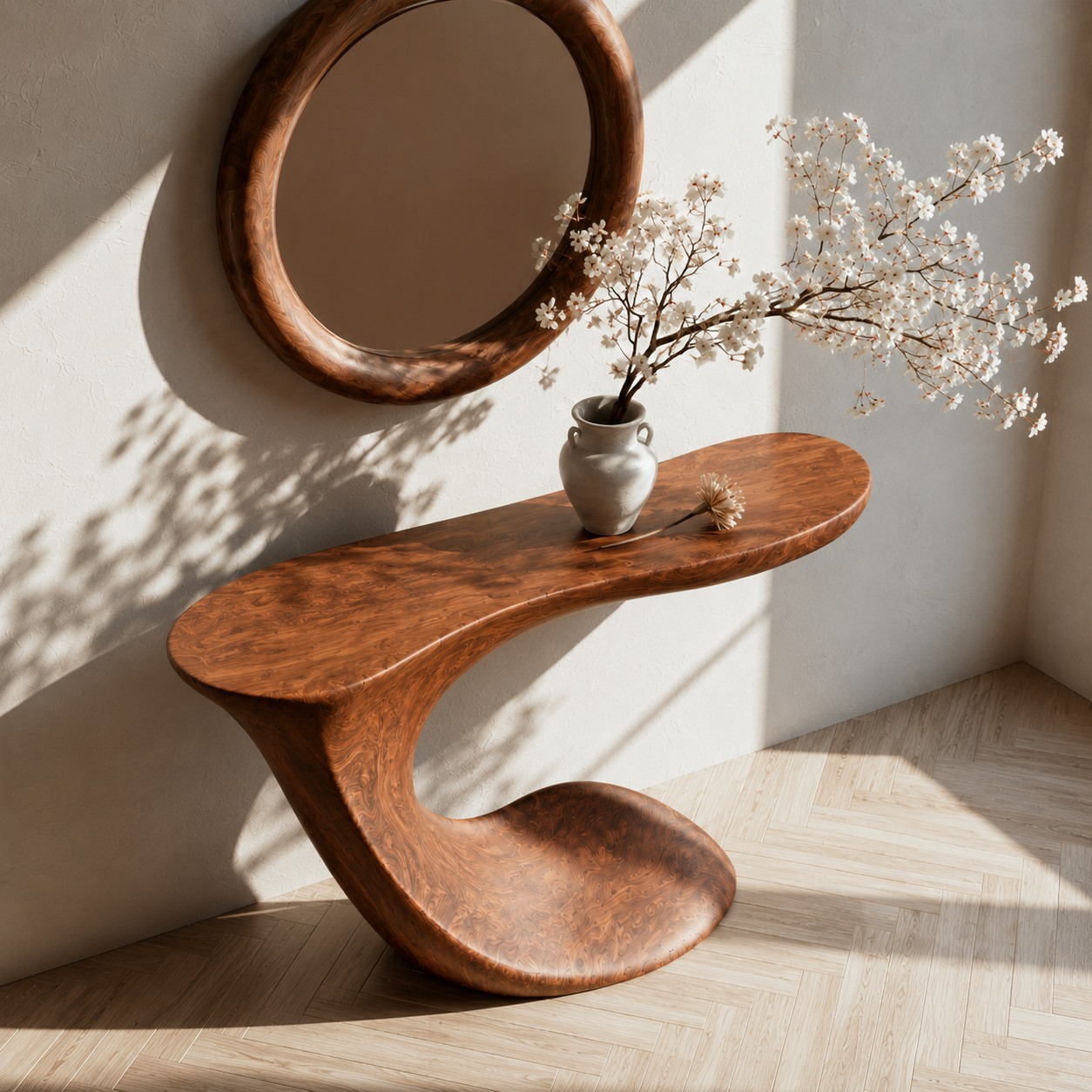Handcrafted Solid Wood Console Table with Sculptural Curved Pedestal Base