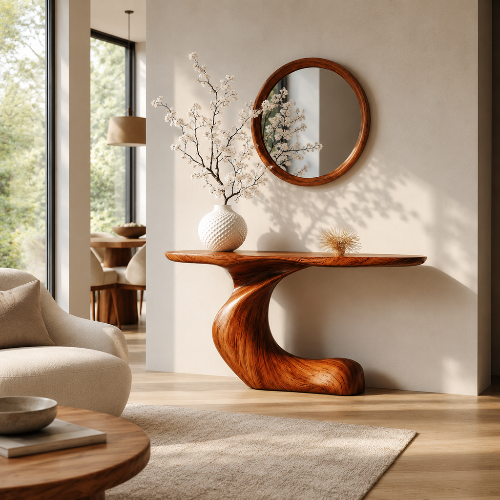 Curved Natural Solid Wood Console Table for Modern Entryway Decor - Woodaven - 3