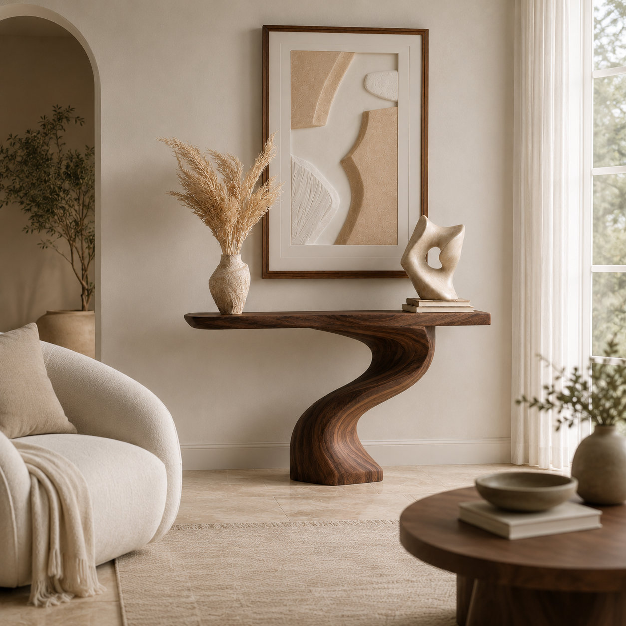 Curved Natural Solid Wood Console Table for Modern Entryway Decor - Woodaven - 5109 - 6