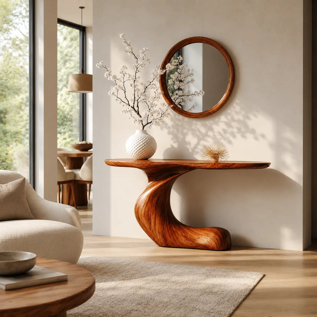 Curved Natural Solid Wood Console Table for Modern Entryway Decor - Woodaven - 6