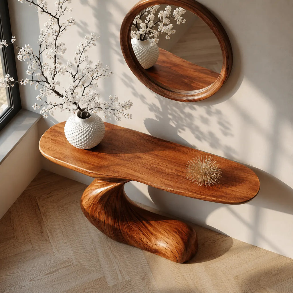 Curved Natural Solid Wood Console Table for Modern Entryway Decor - Woodaven - 8