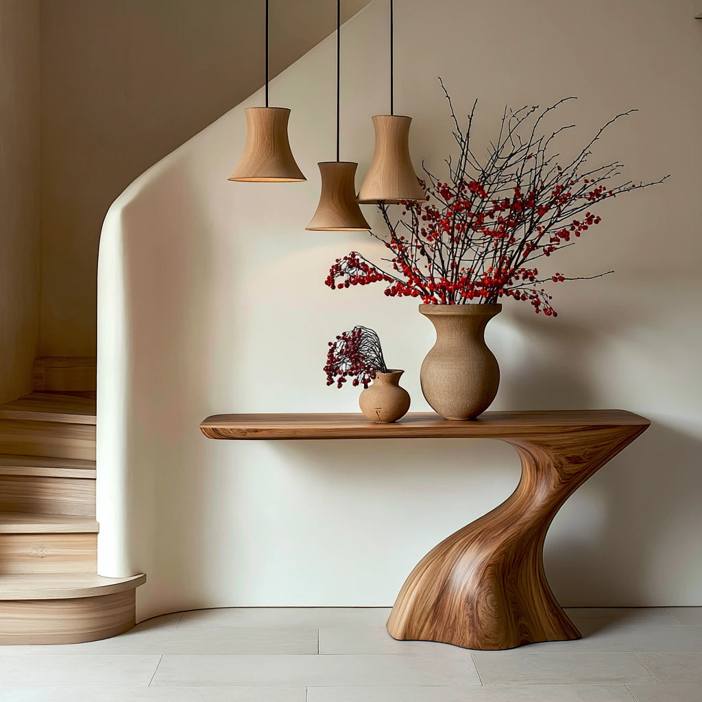 Handcrafted Natural Solid Wood Sculptural Console Table for Entryways - Woodaven - 11