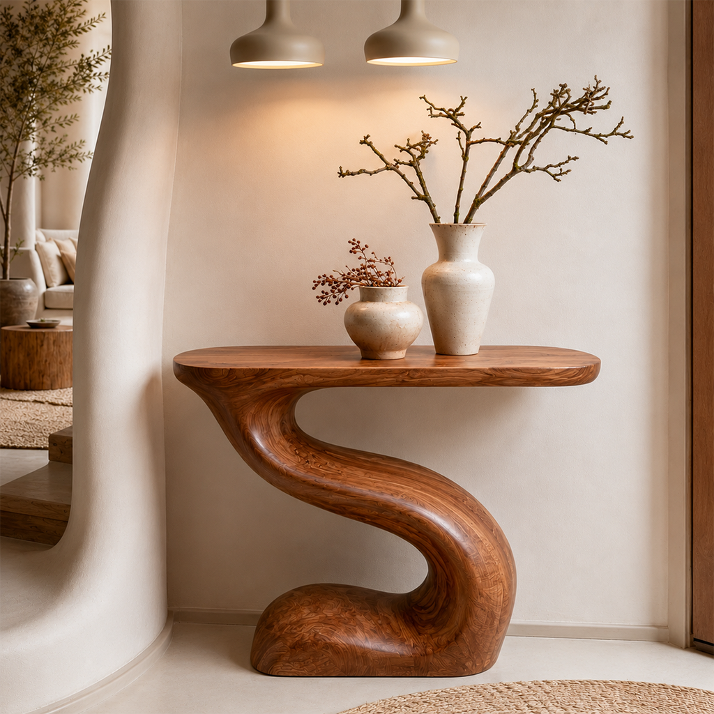 Modern Sculptural Console Table in Natural Solid Wood for Entryway & Hallway - Woodaven - 10
