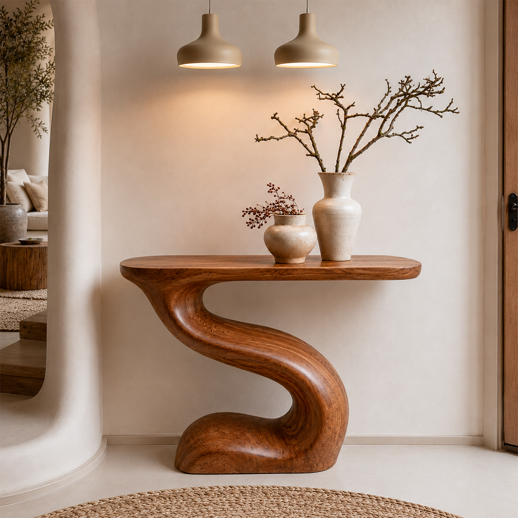 Modern Sculptural Console Table in Natural Solid Wood for Entryway & Hallway - Woodaven - 11