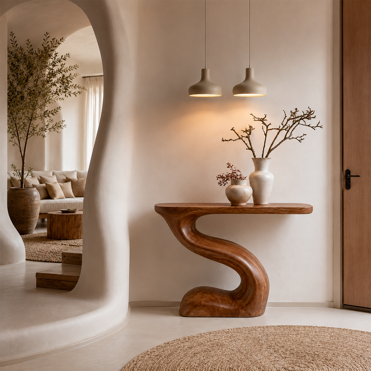 Modern Sculptural Console Table in Natural Solid Wood for Entryway & Hallway - Woodaven - 12