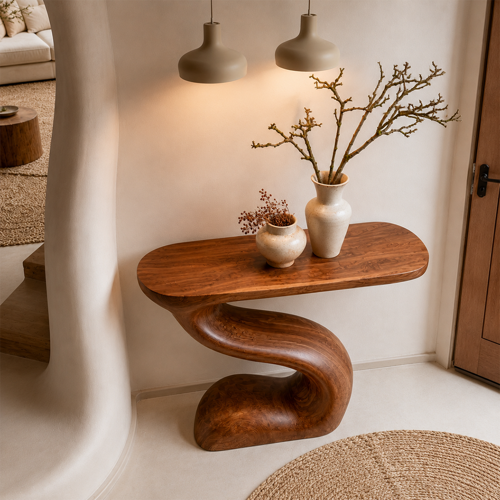 Modern Sculptural Console Table in Natural Solid Wood for Entryway & Hallway - Woodaven - 2