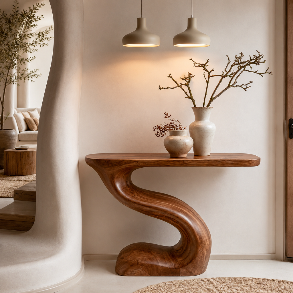Modern Sculptural Console Table in Natural Solid Wood for Entryway & Hallway - Woodaven - 3