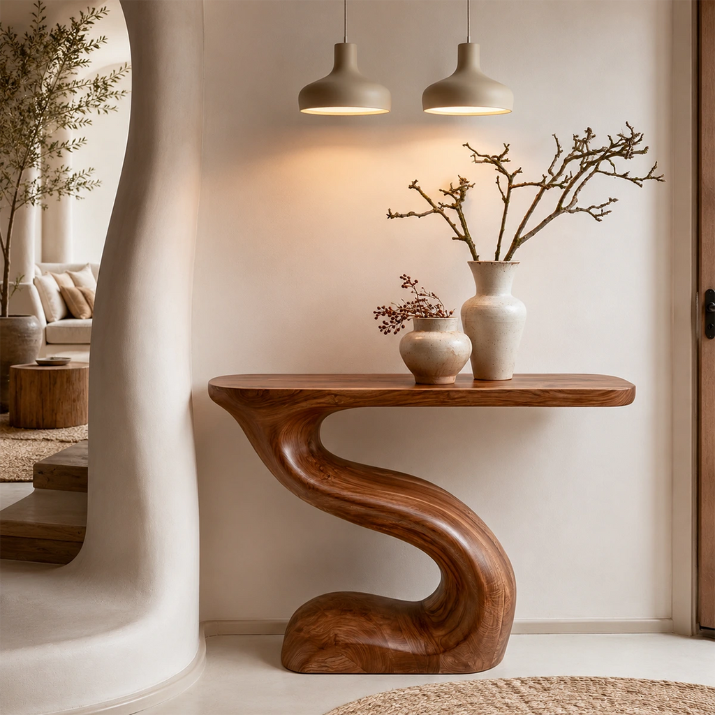 Modern Sculptural Console Table in Natural Solid Wood for Entryway & Hallway - Woodaven - 4