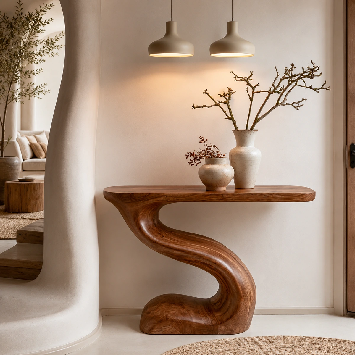Modern Sculptural Console Table in Natural Solid Wood for Entryway & Hallway - Woodaven - 4