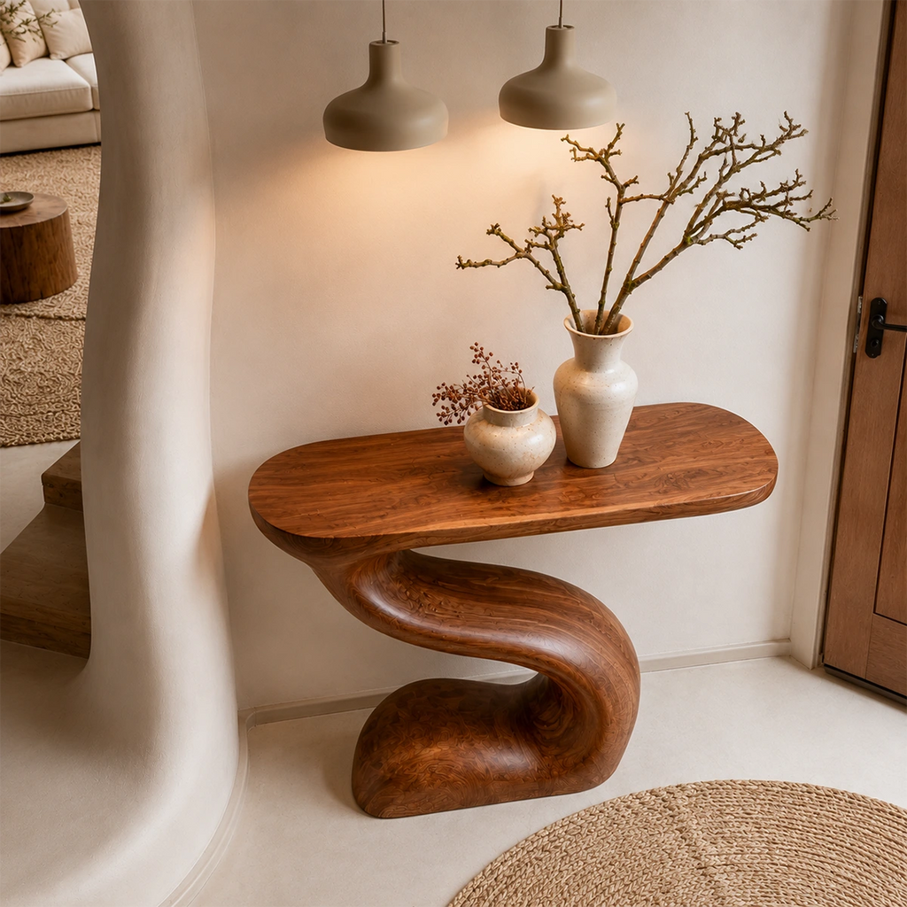 Modern Sculptural Console Table in Natural Solid Wood for Entryway & Hallway - Woodaven - 5