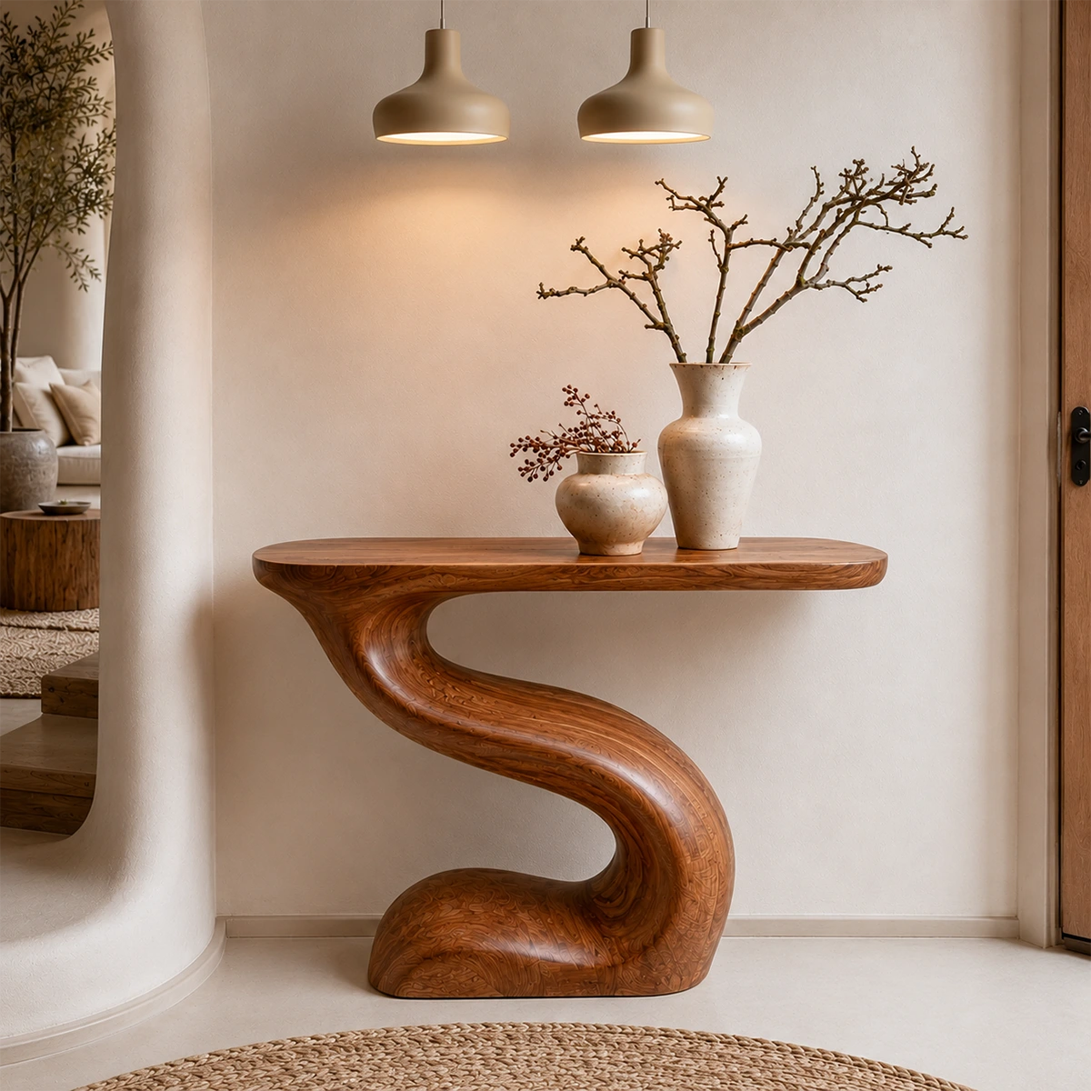 Modern Sculptural Console Table in Natural Solid Wood for Entryway & Hallway - Woodaven - 7