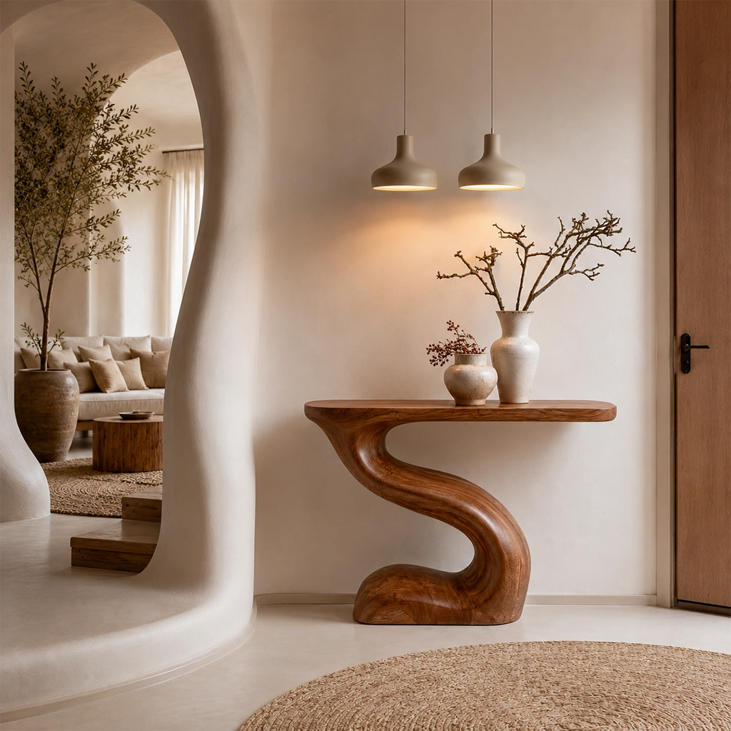 Modern Sculptural Console Table in Natural Solid Wood for Entryway & Hallway - Woodaven - 8
