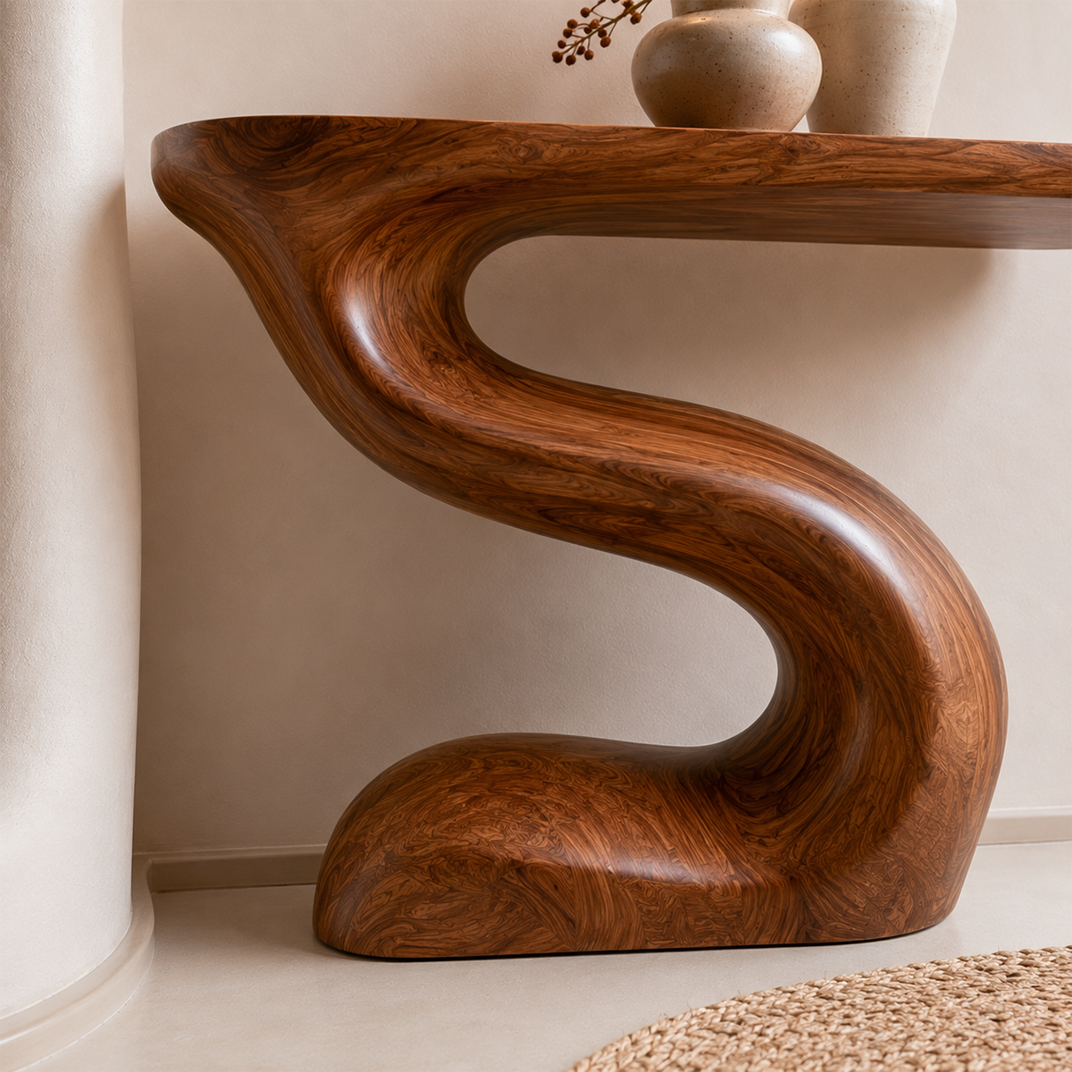 Modern Sculptural Console Table in Natural Solid Wood for Entryway & Hallway - Woodaven