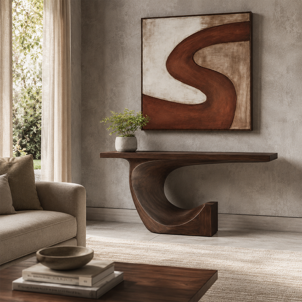 Modern Sculptural Console Table in Natural Solid Wood for Entryway - Woodaven - 2