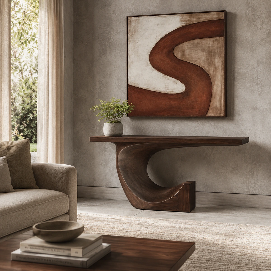 Modern Sculptural Console Table in Natural Solid Wood for Entryway - Woodaven - 8