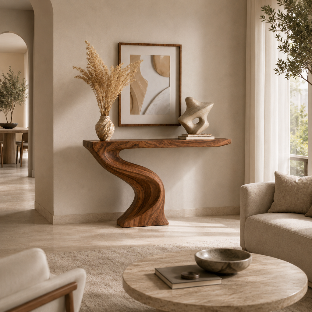 Modern Sculptural Natural Solid Wood Console Table for Entryway Decor - Woodaven - 2