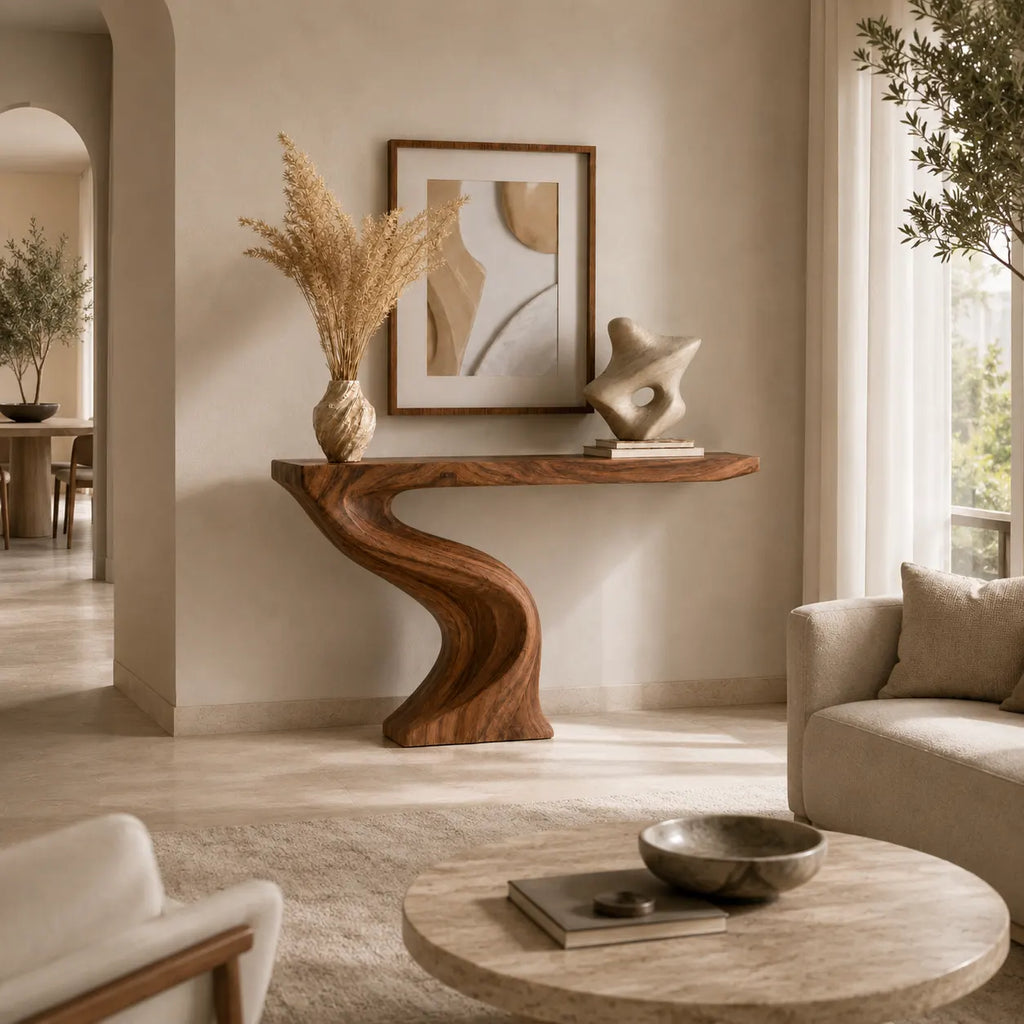 Modern Sculptural Natural Solid Wood Console Table for Entryway Decor - Woodaven - 8