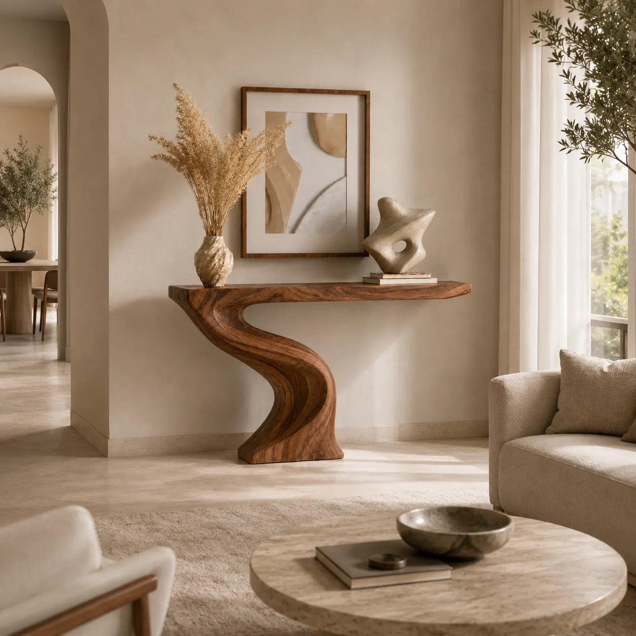 Modern Sculptural Natural Solid Wood Console Table for Entryway Decor - Woodaven - 8
