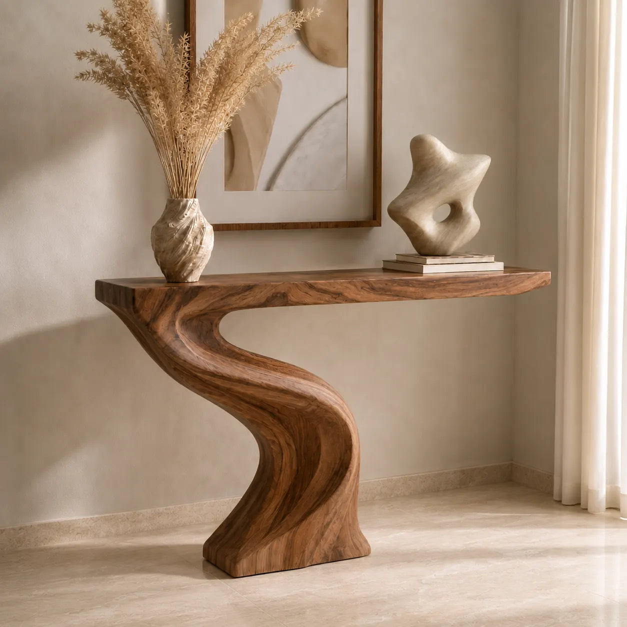 Modern Sculptural Natural Solid Wood Console Table for Entryway Decor - Woodaven - 9