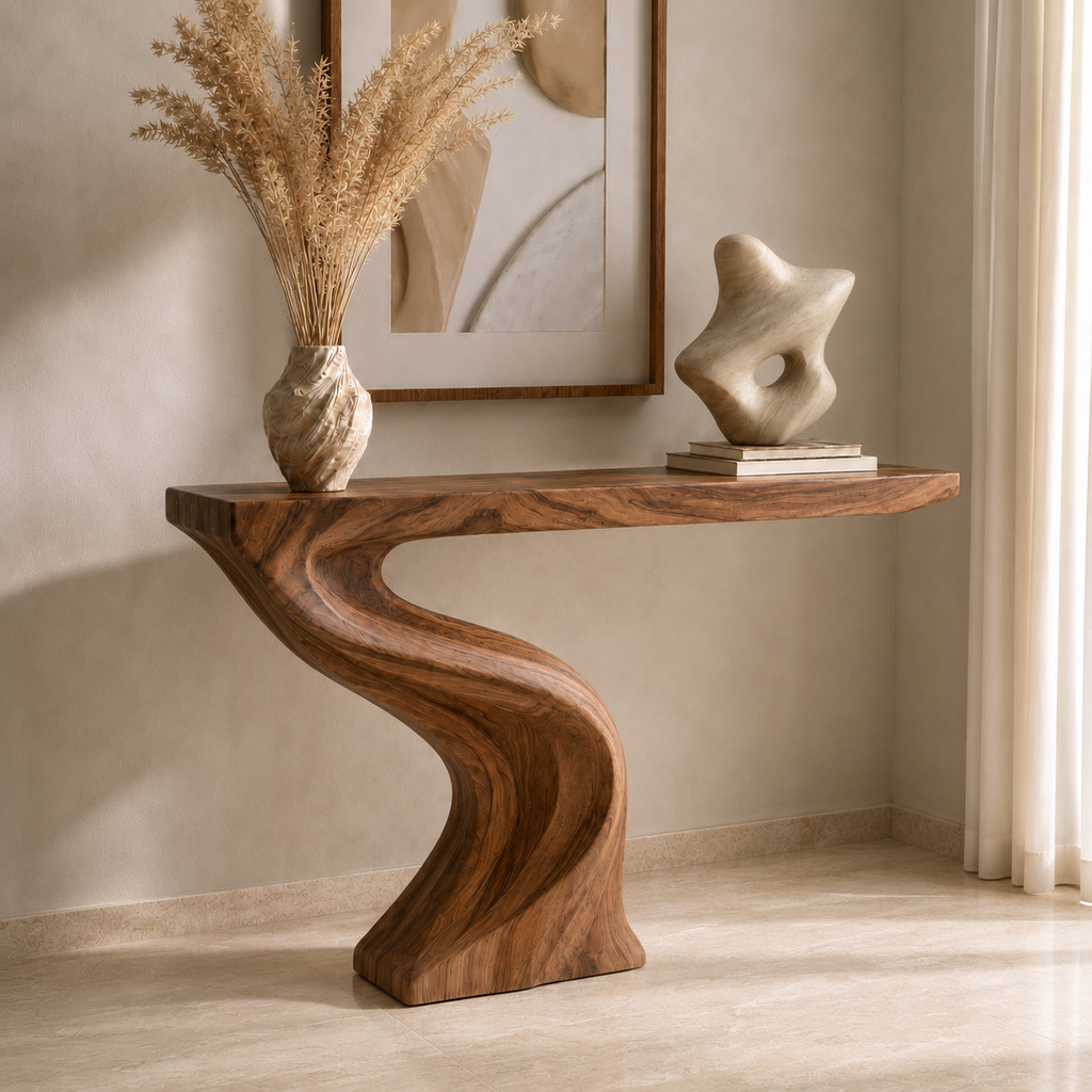 Modern Sculptural Natural Solid Wood Console Table for Entryway Decor - Woodaven