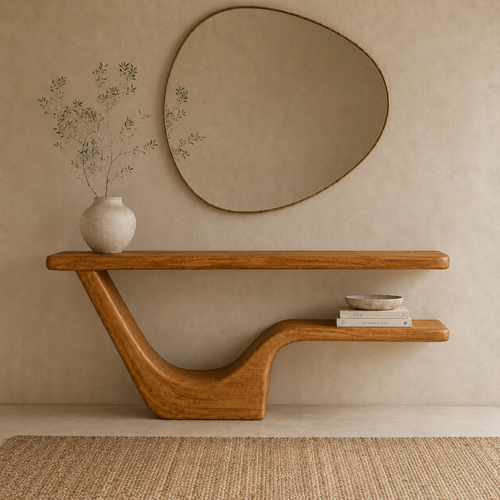 Modern Sculptural Natural Solid Wood Console Table with Integrated Lower Shelf - Woodaven - 11