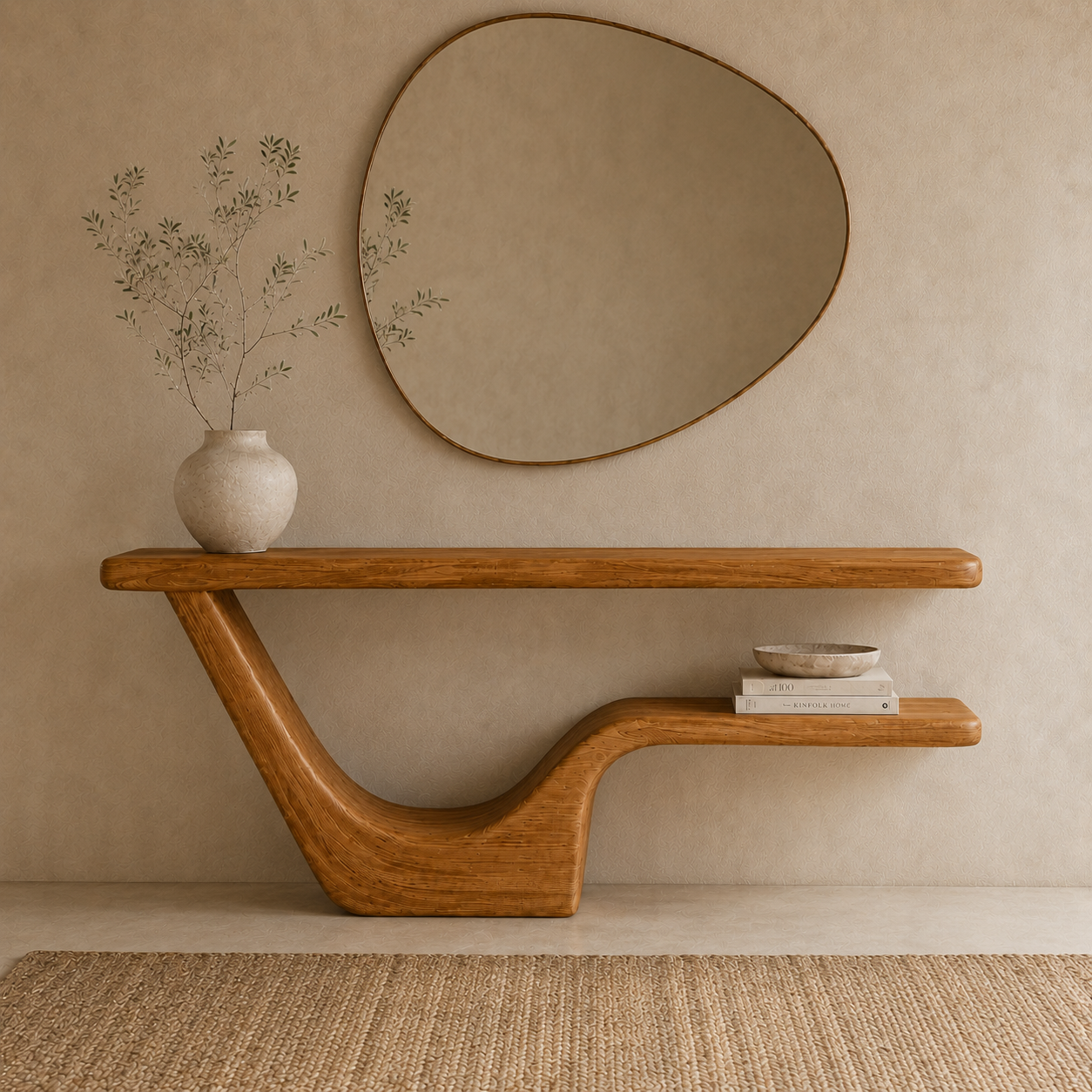 Modern Sculptural Natural Solid Wood Console Table with Integrated Lower Shelf - Woodaven - 11