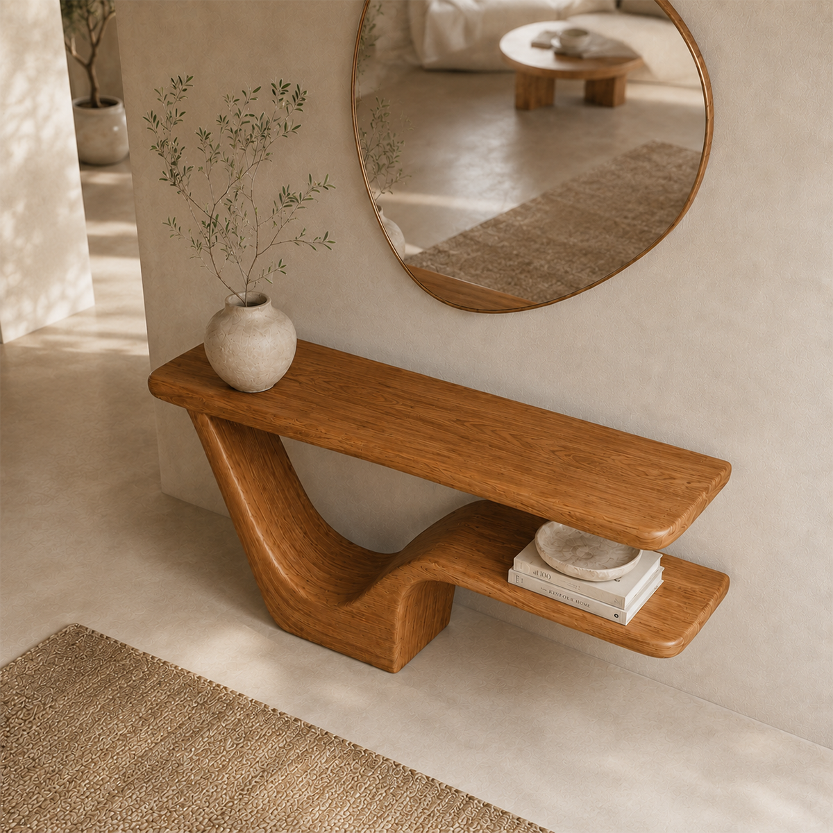 Modern Sculptural Natural Solid Wood Console Table with Integrated Lower Shelf - Woodaven - 2