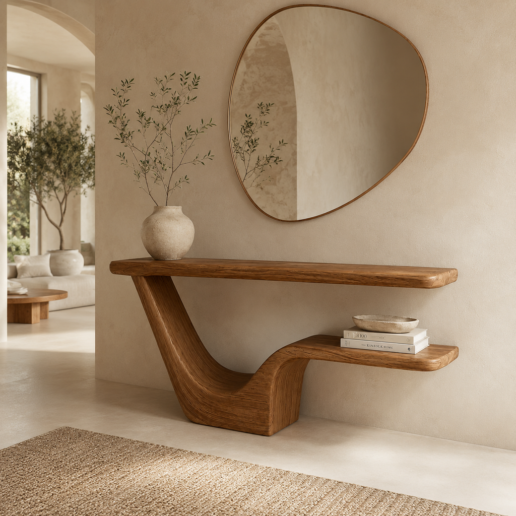 Modern Sculptural Natural Solid Wood Console Table with Integrated Lower Shelf - Woodaven - 3