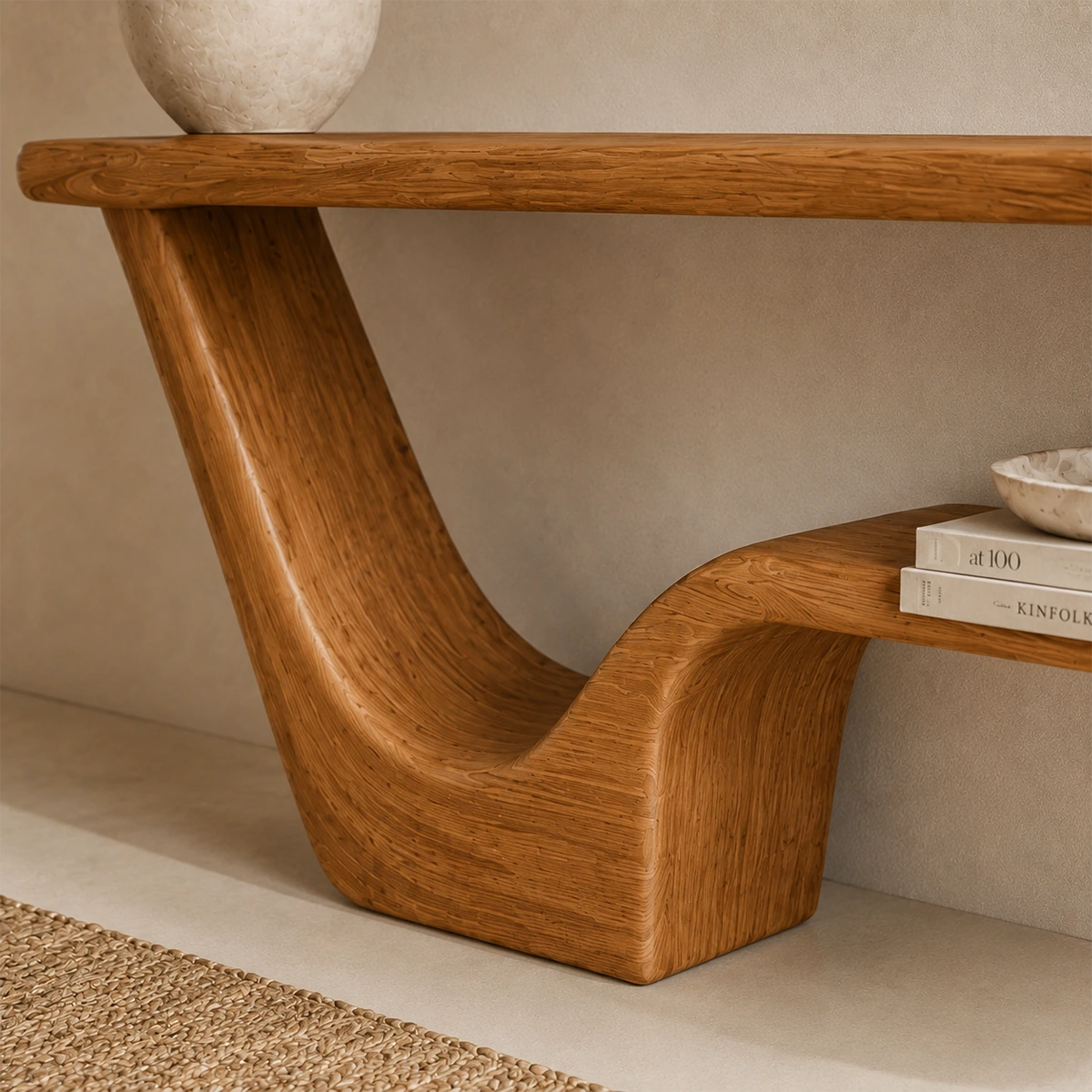 Modern Sculptural Natural Solid Wood Console Table with Integrated Lower Shelf - Woodaven - 5