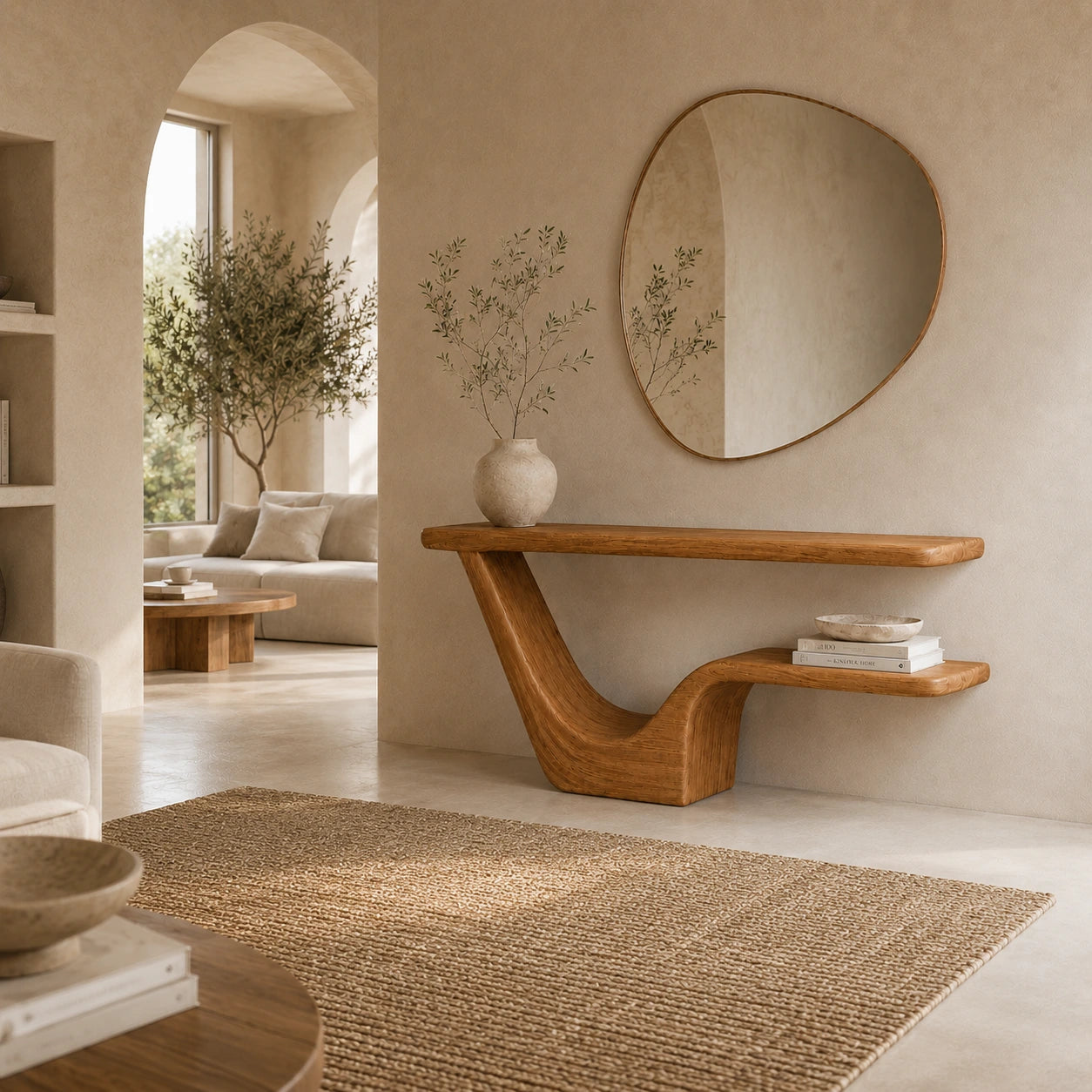 Modern Sculptural Natural Solid Wood Console Table with Integrated Lower Shelf - Woodaven - 6