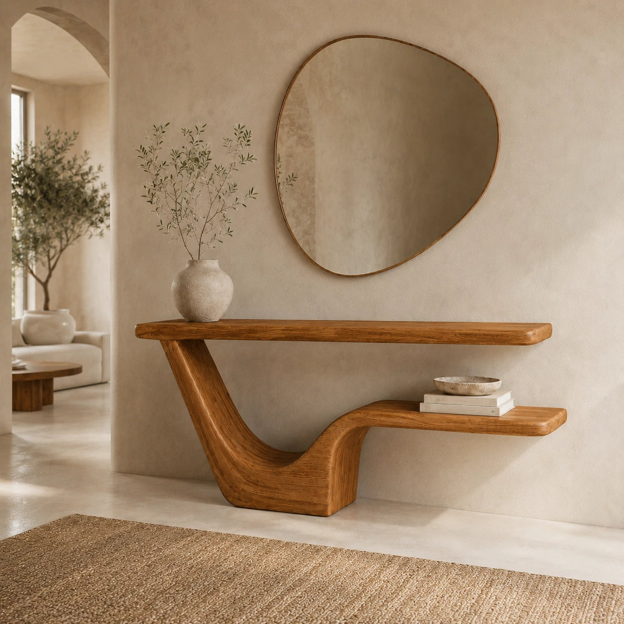 Modern Sculptural Natural Solid Wood Console Table with Integrated Lower Shelf - Woodaven - 8