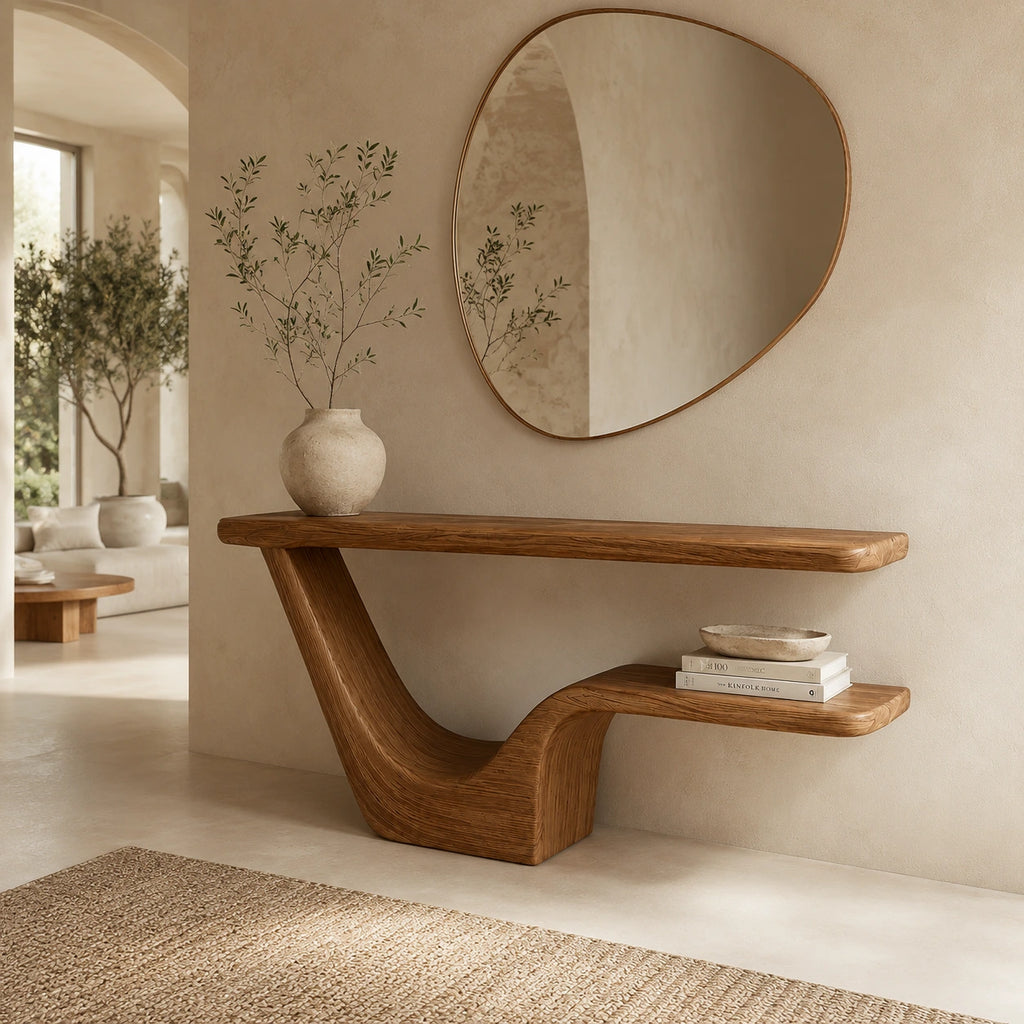 Modern Sculptural Natural Solid Wood Console Table with Integrated Lower Shelf - Woodaven - 9