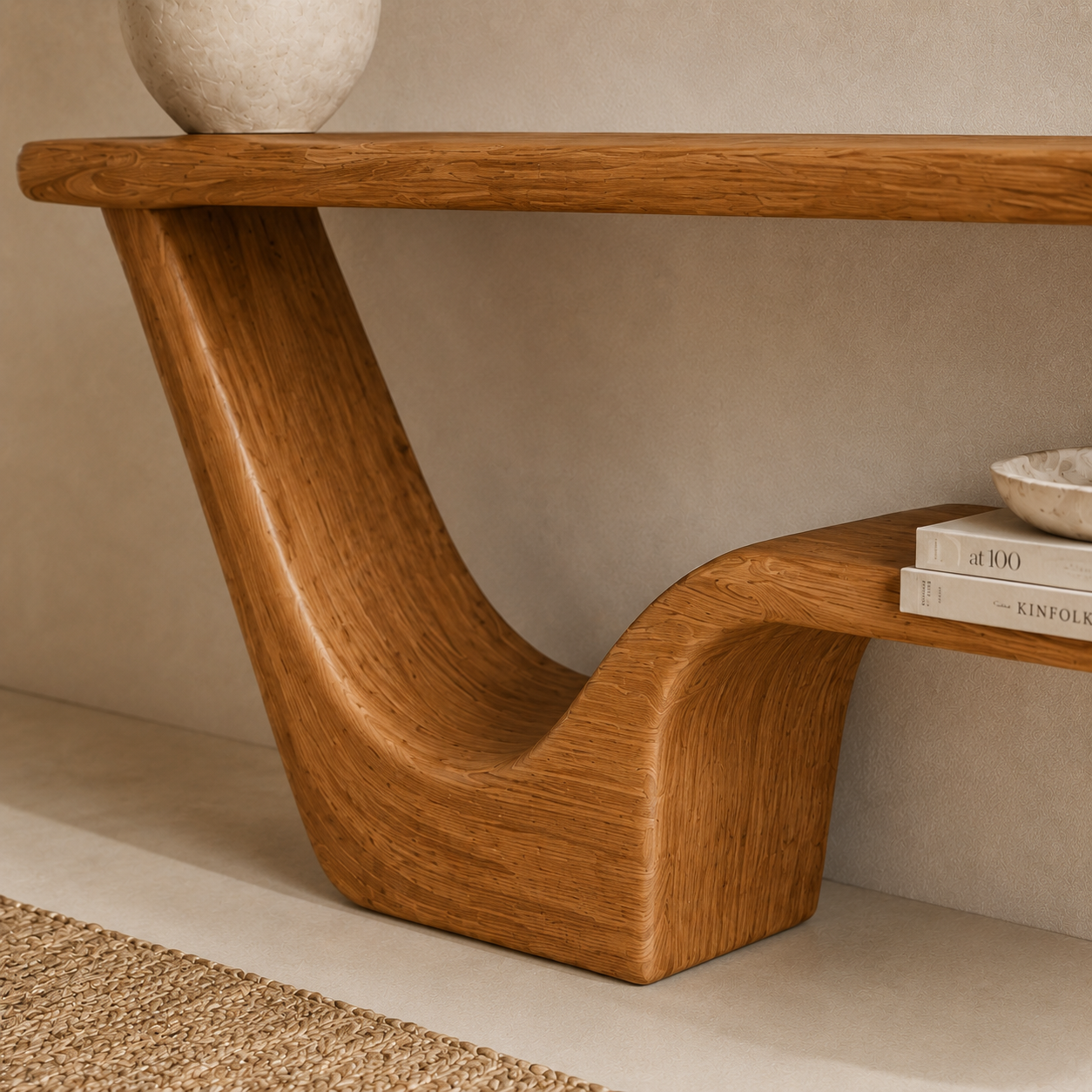 Modern Sculptural Natural Solid Wood Console Table with Integrated Lower Shelf - Woodaven