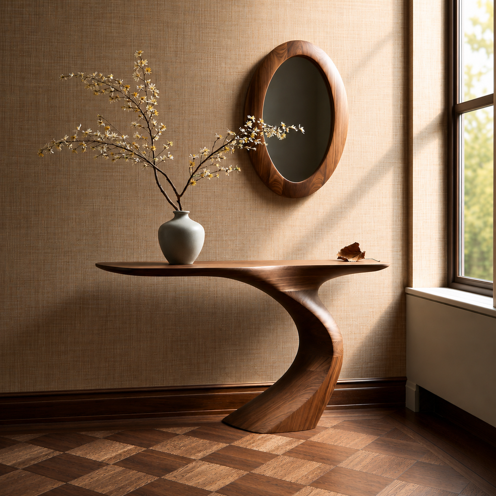 Natural Solid Wood Sculptural Console Table with Curved Pedestal Base - Woodaven - 10