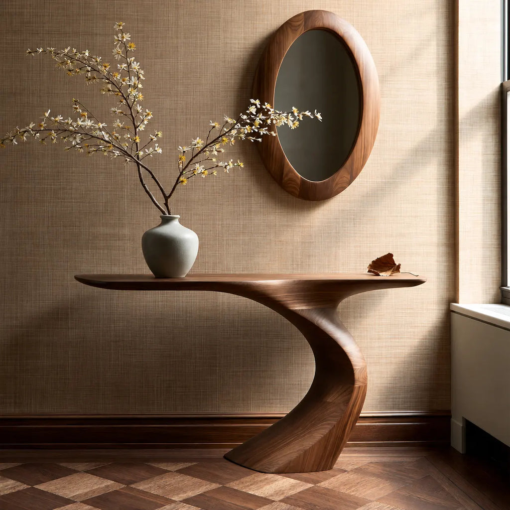 Natural Solid Wood Sculptural Console Table with Curved Pedestal Base - Woodaven - 4