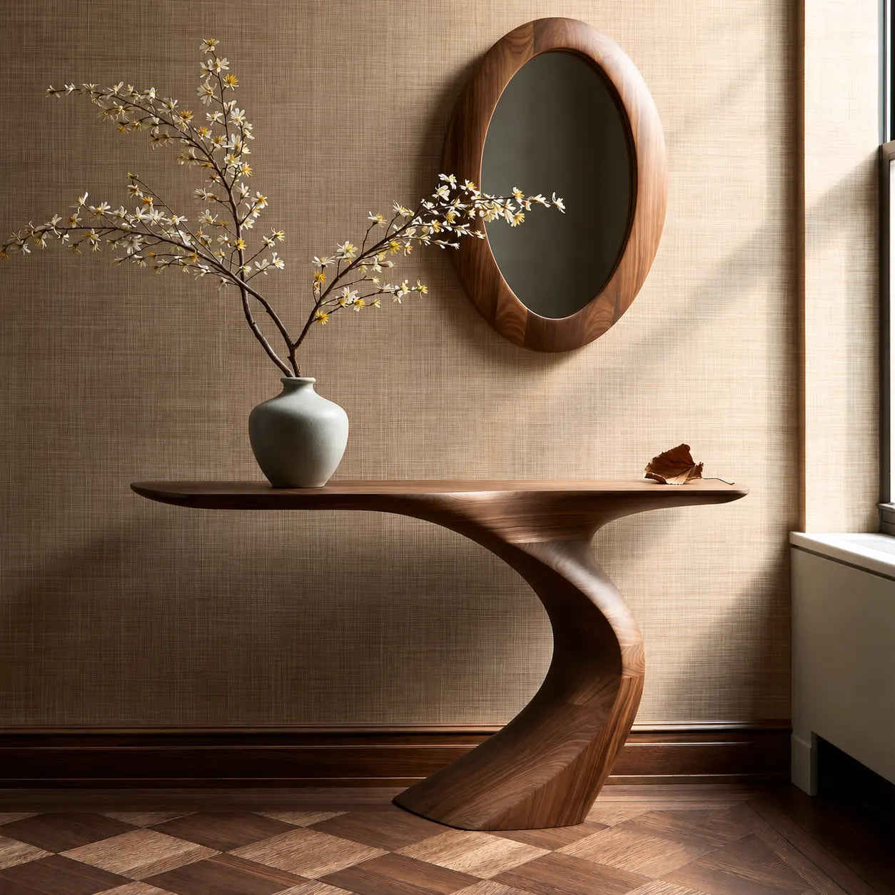 Natural Solid Wood Sculptural Console Table with Curved Pedestal Base - Woodaven - 4