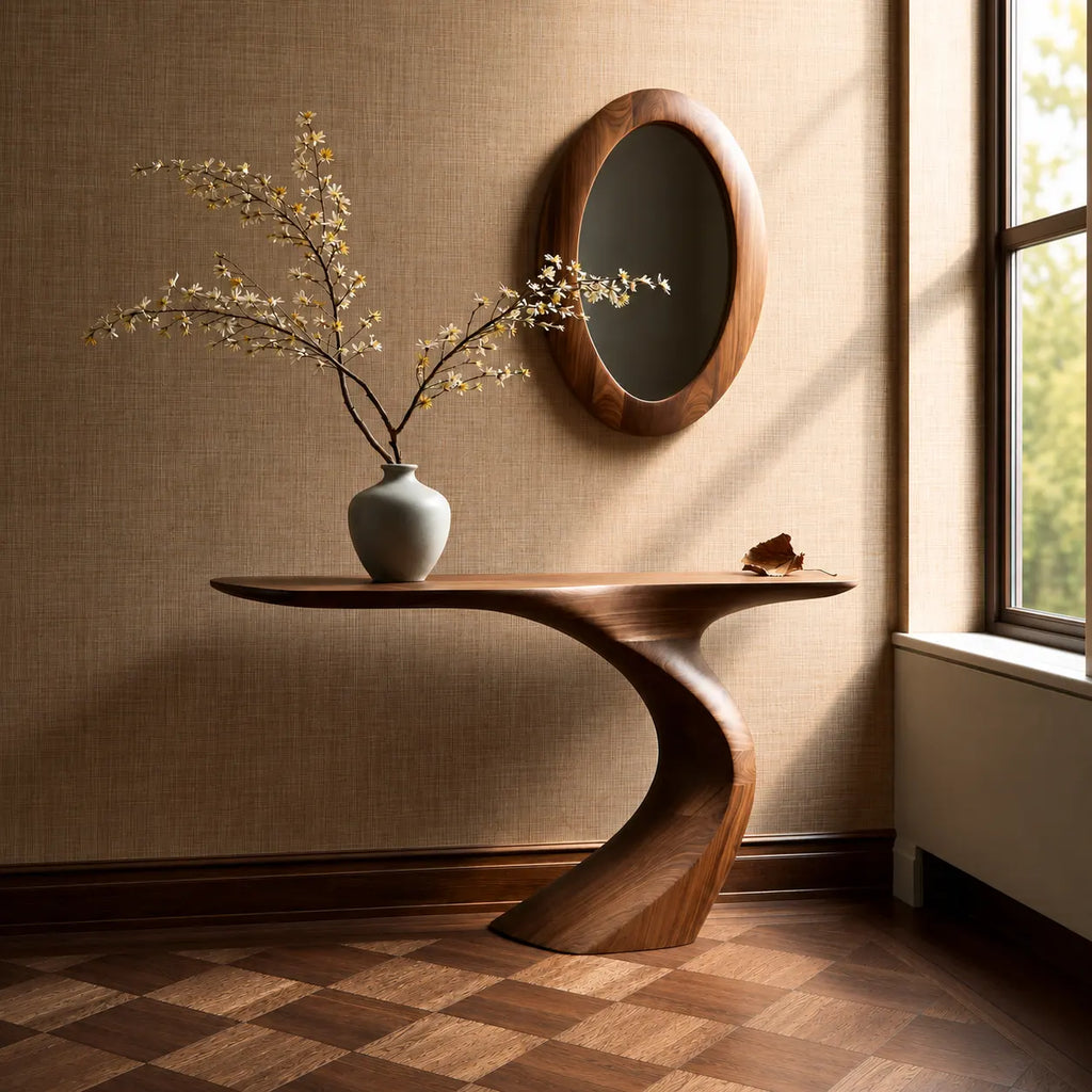 Natural Solid Wood Sculptural Console Table with Curved Pedestal Base - Woodaven - 7