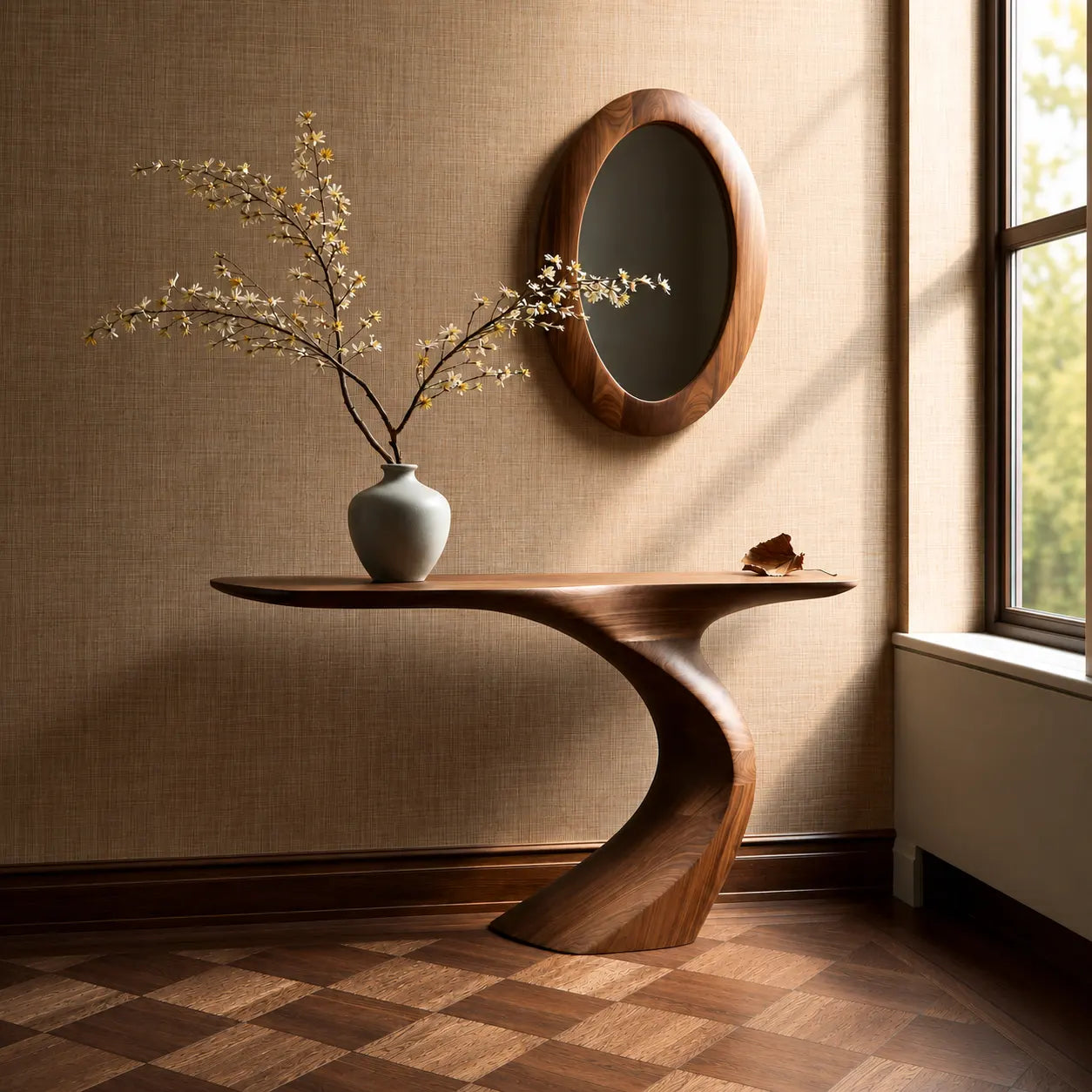 Natural Solid Wood Sculptural Console Table with Curved Pedestal Base - Woodaven - 7