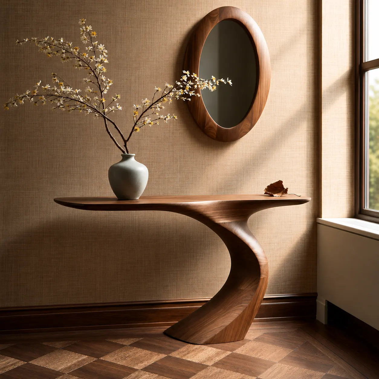Natural Solid Wood Sculptural Console Table with Curved Pedestal Base - Woodaven - 8